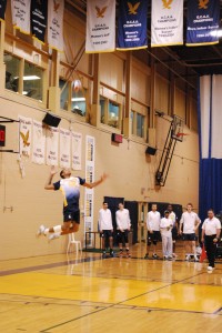 Photo by Kristina Russo Terrell Bramwell of the Humber Hawks takes flight against the Fanshawe Falcons. Photo by Kristina Russo