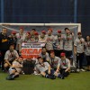 The men’s indoor soccer team pose with their gold medals after beating Seneca 3-0. This is their eleventh OCAA gold. PHOTO BY MATTHEW SMITH