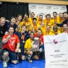 The Humber Hawks men's volleyball team celebrates their gold medal post-game. PHOTO BY JORDAN NEILSEN