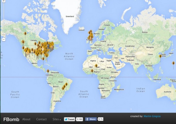 Screenshot of fomb.co A map that shows where in the world the f-bomb is being dropped. The map is updated every minute on the website.