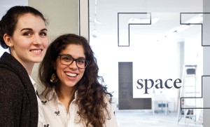 Tara Mazurk, left, and Jessica Salloum, right, outside the L Space gallery entrance. Photo taken by Kate Richards.