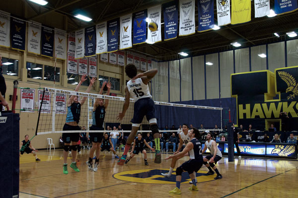 Christina Succi Terrel Bramwell goes up for a spike against the Sheridan Bruins to put the Humber Hawks up 24-14 en route to a five-set victory on Jan. 22.