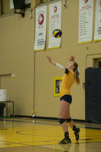 Mackenzie Prins throws up a serve during the Hawks' victory over the Redeemer Royals.