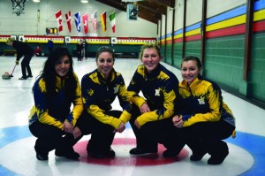 Photography by Willy Phan The Humber Hawks women’s curling A Team celebrates after a victory over a private team at the Weston Golf and Country Club. Left to right: Grace Esquega, Gen Bernier, Kateryna Tepylo and Sarah Jagger.