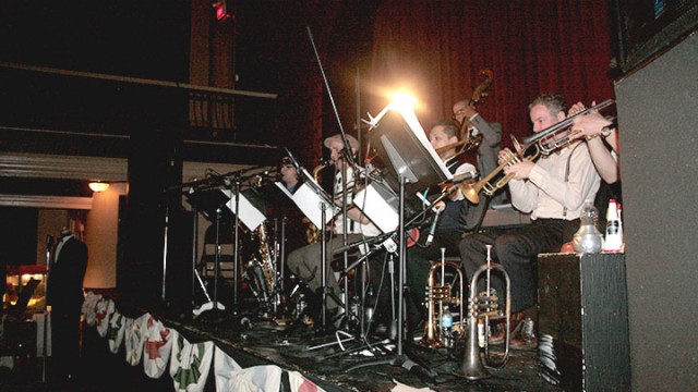 Photo by Shoynear Morrison. Eight piece band Pickup Swing Esemble playing at the Great Hall for Swing Fever dance.