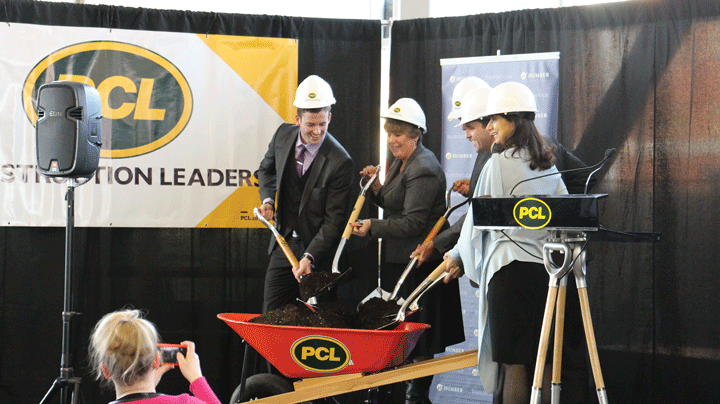 HSF President Tom Walton, Lakeshore Principal Wanda Buote, Humber President Chris Whitaker, PCL manager Mike Wieninger, and Senior Vice President of corporate services Rani Dhaliwal take part in the ceremonial sod turning to commemorate the first day of construction on the two new buildings. (Photo By Christy Farr)