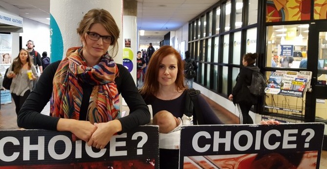 Maaike Rosendaland Katie Somers, members of the anti-abortion group, are allowed on college campuses because they are public space.
